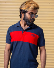 Load image into Gallery viewer, Navy Blue &amp; Red Half Hand Premium Collared Tshirt

